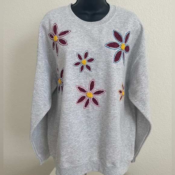 Tops - Boho Cottagecore Hand Embroidered Floral Sweatshirt One of a Kind Women’s L